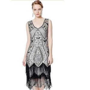 Metme Womens Flapper Dress Beaded Sequin Fringe 1920s Gatsby Party Costume M